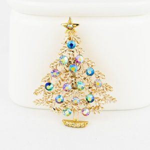 Vintage Beatrix AB Christmas Tree Brooch Gold Tone Glass Rhinestones Marked BJ